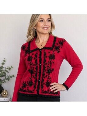 Work In Progress PETITE Cardigan Red Black Beaded Floral Ramie Cotton Vintage PM